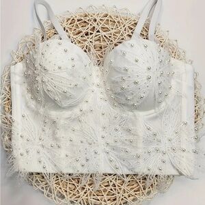 NIB Faux Pearl floral White beaded corset bra top